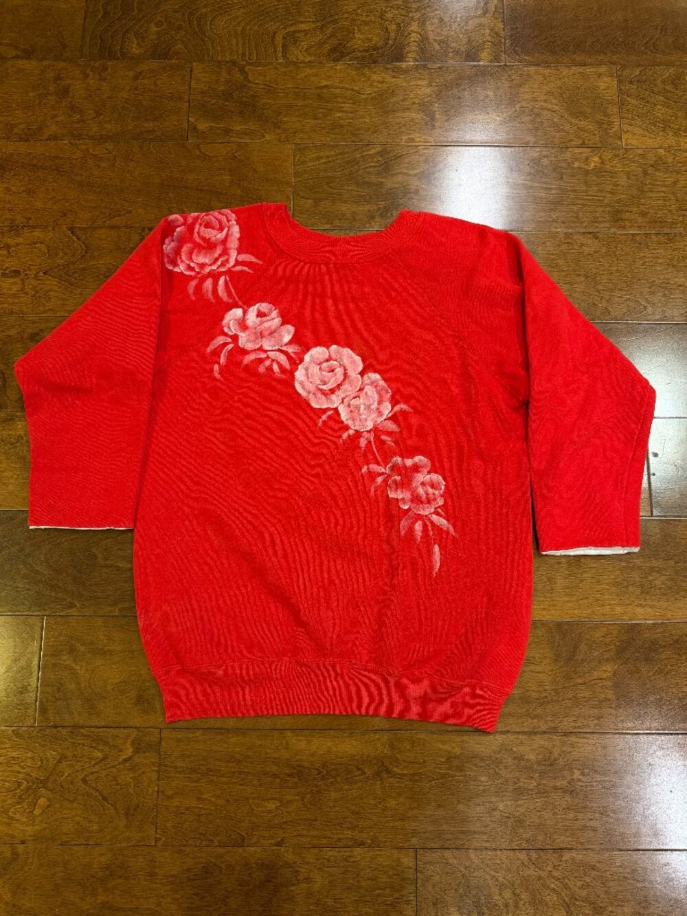 Vintage Hanes Her Way Sweatshirt Womens Medium Red Floral Lace Cuff Made in USA